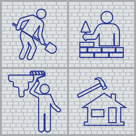 Plumber and  mason symbol icons set. Brick wall background. Vector illustrationのイラスト素材