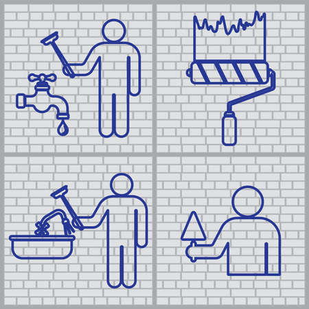 Plumber and  mason symbol icons set. Brick wall background. Vector illustrationのイラスト素材