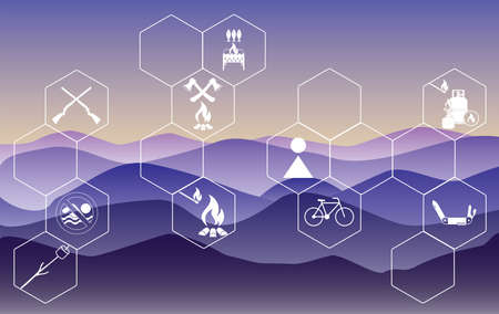 Poster with Set of travel and camping equipment icons. Vector illustrationのイラスト素材