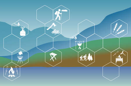 Poster with Set of travel and camping equipment icons. Vector illustrationのイラスト素材
