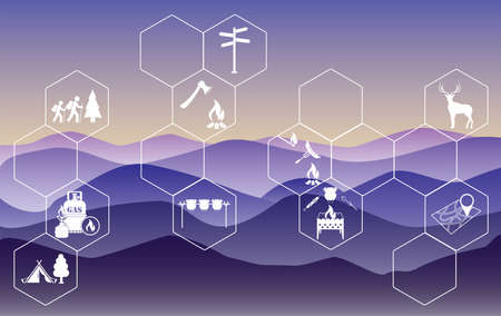 Poster with Set of travel and camping equipment icons. Vector illustrationのイラスト素材
