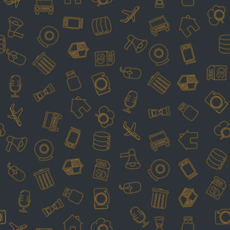 Set of diverse technological items and equipment doodle icons. Seamless pattern. Vector illustrationのイラスト素材