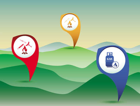 Poster with Set of travel and camping equipment icons. Map pointers. Vector illustrationのイラスト素材