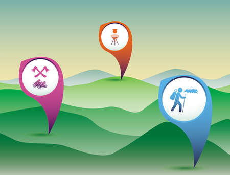 Poster with Set of travel and camping equipment icons. Map pointers. Vector illustrationのイラスト素材