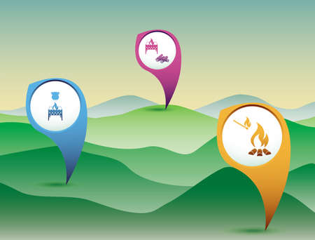 Poster with Set of travel and camping equipment icons. Map pointers. Vector illustrationのイラスト素材