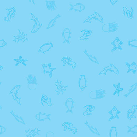 Ocean life, marine inhabitants outline icons,  seamless pattern