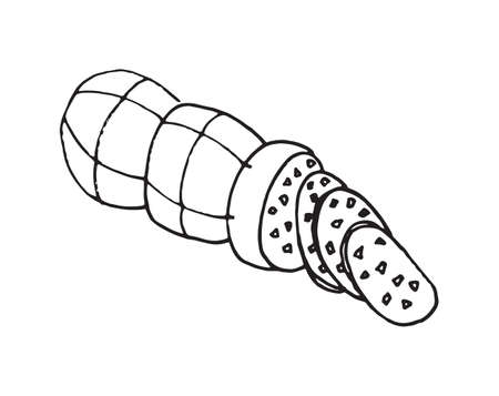 Pork smoked cured bratwurst on white backdrop. Freehand outline black ink hand drawn butchery shop menu emblem logo in retro doodle styleのイラスト素材