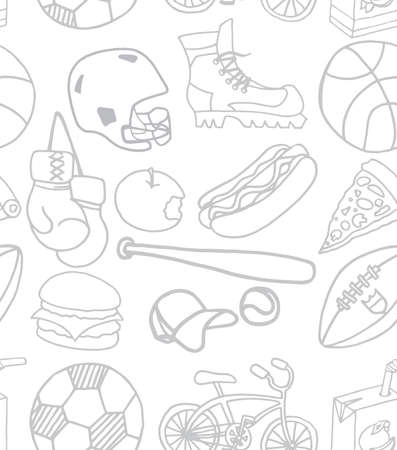 Set of food and sport items doodle icons. Seamless pattern. Vector illustrationのイラスト素材