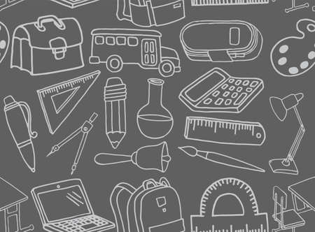 Vector seamless background. School icons in doodle style. Painted drawn on a gray backgroundのイラスト素材