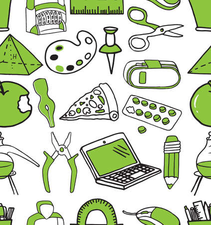 Hand drawn school supplies in seamless pattern.  illustrationのイラスト素材