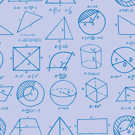 Volumetric geometric shapes with formulas depicted in a doodle style. Vector illustrationのイラスト素材