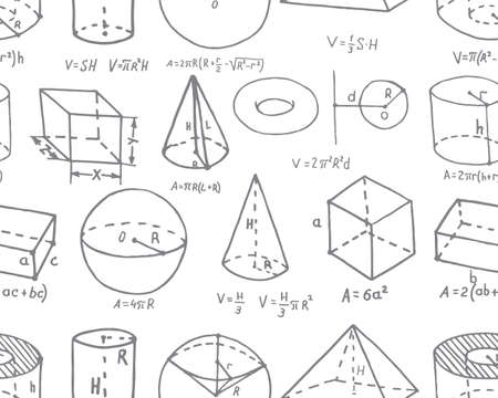 Volumetric geometric shapes with formulas depicted in a doodle style. Vector illustrationのイラスト素材