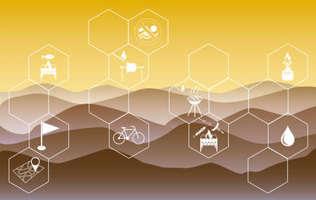 Poster with Set of travel and camping equipment icons. Vector illustrationのイラスト素材