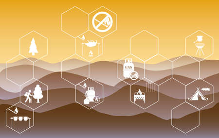 Poster with Set of travel and camping equipment icons. Vector illustrationのイラスト素材