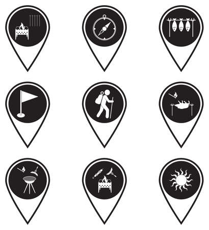Set of map pointers with travel and camping equipment icons. Vector illustrationのイラスト素材
