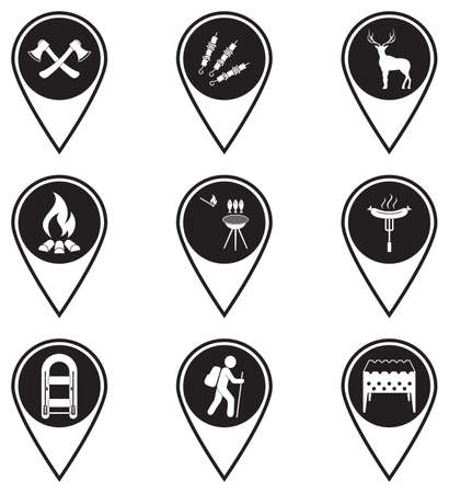 Set of map pointers with travel and camping equipment icons. Vector illustrationのイラスト素材