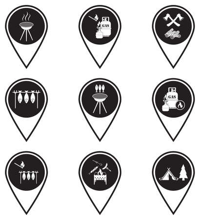 Set of map pointers with travel and camping equipment icons. Vector illustrationのイラスト素材