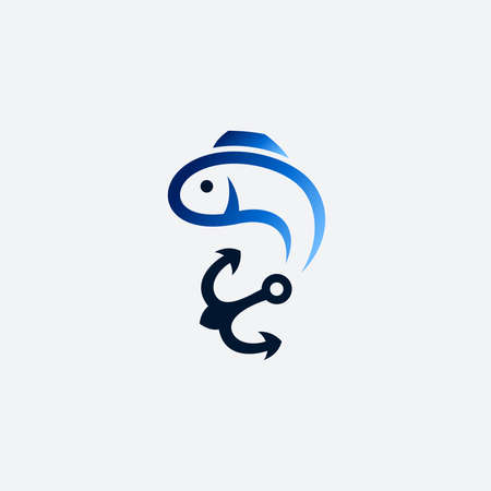 Fishing Logo, Fish And Hook Logo Template, Flat Logo Styleのイラスト素材