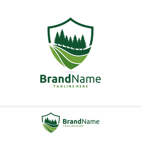 landscaping logo with shield concept, pine forest logoのイラスト素材