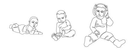 Set. Vector image of small children with a black outline. The line of art. For fashion and design.のイラスト素材