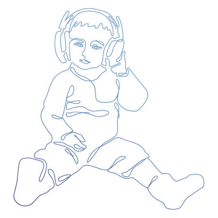 Vector image of a child with a black outline. The kid is sitting with headphones on. The art of the line. For design and marketing. Boyのイラスト素材