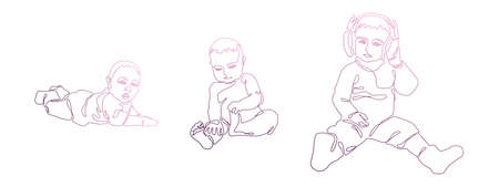 Set. Vector image of small children with a pink outline. The line of art. For fashion and design. Girlのイラスト素材