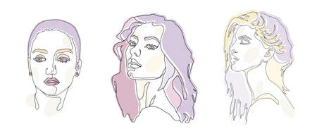 Set. Vector image of girls with a black outline. The art of the face line. For fashion and design.のイラスト素材