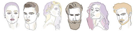 Set. Vector image of men and girls with a black outline. The art of the face line. For fashion and design.のイラスト素材