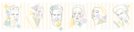 Set. Vector image of men and girls with a black outline. The art of the face line. For fashion and design.のイラスト素材