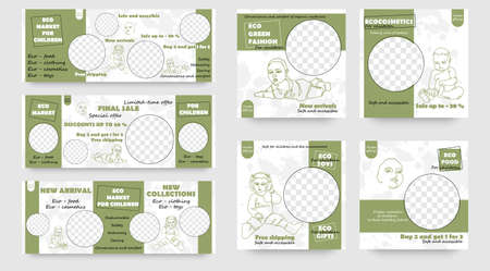 The banner of the eco goods store for children on social networks, on the website and in flyers. Flat graphic design template. Web template. Web banners. Flyer design. Set. Environmentally friendly and safe productsのイラスト素材