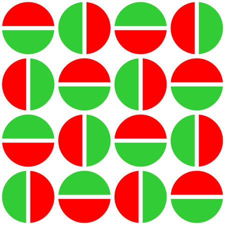 Geometric divided circles in two tones. Seamless vector pattern - red and greenのイラスト素材