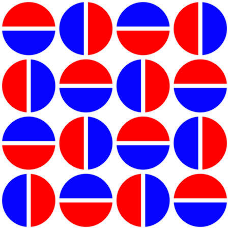 Geometric divided circles in two tones. Seamless vector pattern - red and blueのイラスト素材