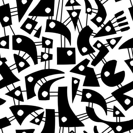 Interconnected abstract shapes, seamless vector pattern, black on whiteのイラスト素材