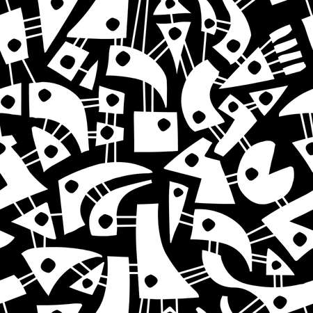 Interconnected abstract shapes, seamless vector pattern, white on blackのイラスト素材