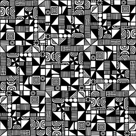 Complex Hand Drawn Geometric Seamless Pattern Vector - Black and White (editable)のイラスト素材