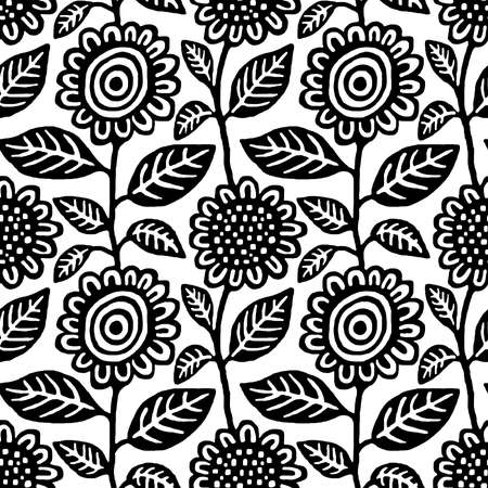 Hand Draw Floral Seamless Repeat Pattern Vector - Black on White (Editable)のイラスト素材
