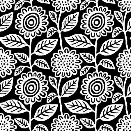Hand Draw Floral Seamless Repeat Pattern Vector - White on Black (Editable)のイラスト素材