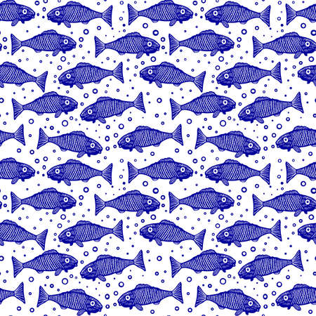 Fish Pattern - Seamless Pattern Vector - Dark Blue #000099 on White (Editable)のイラスト素材