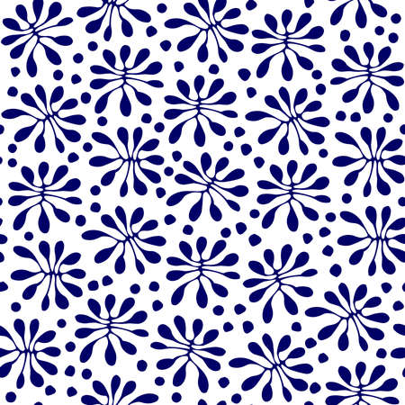 Hand Drawn Stylized Plants - Seamless Vector Pattern  - Dark Blue on White (editable)のイラスト素材