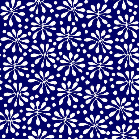 Hand Drawn Stylized Plants - Seamless Vector Pattern  - White on Dark Blue (editable)のイラスト素材