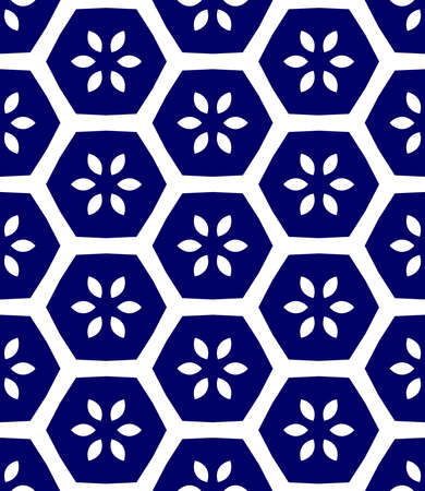 Geometric Hexagon and Flower Honeycomb Pattern - Seamless vector pattern - Dark Blue and White (editable)のイラスト素材