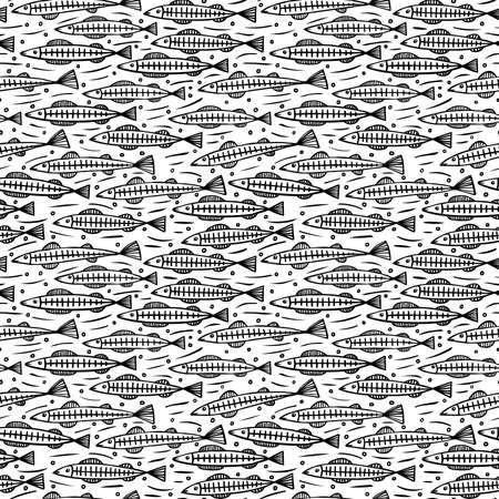 Shoal of Fish Seamless Pattern Vector (4up) - Black on White (editable)のイラスト素材