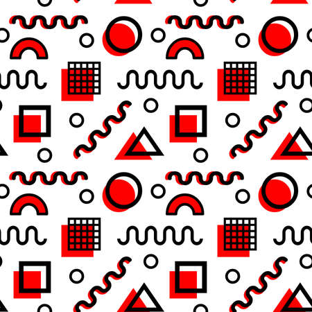 Memphis Style Pattern - Black and Red on White (editable) - Seamless Pattern Vectorのイラスト素材