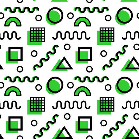 Memphis Style Pattern - Black and Spring Green on White (editable) - Seamless Pattern Vectorのイラスト素材