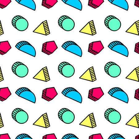 Neo Memphis Style Tumbling Isometric Shapes Pattern (Simple) - Seamless Vector Pattern (9 tiles)のイラスト素材