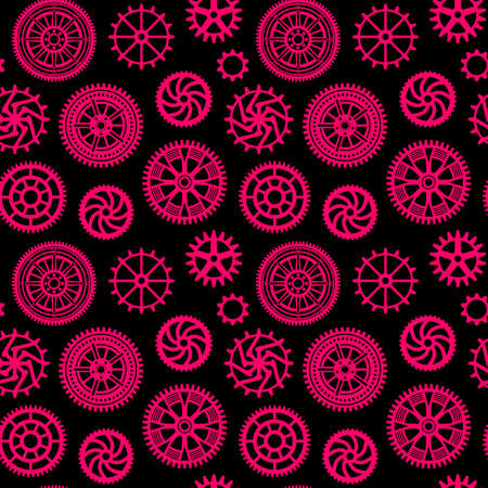 Decorative Gears Pattern - Seamless Vector Pattern (4up) - Neon Red on Blackのイラスト素材