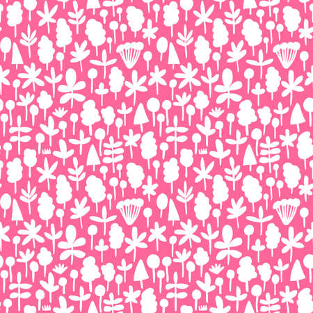 Tree and Leaf Shapes Pattern ( 051017) - Seamless Vector Pattern (4up) - White on Deep Pinkのイラスト素材