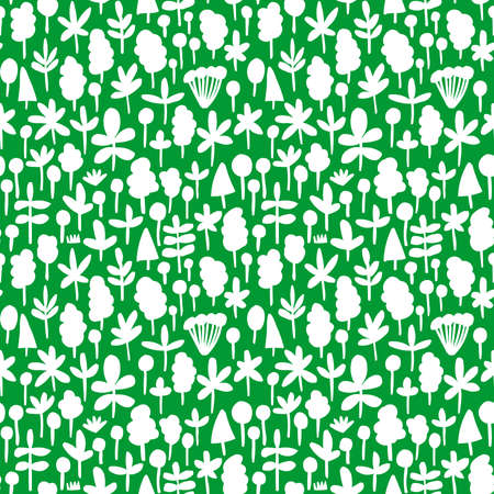 Tree and Leaf Shapes Pattern ( 051017) - Seamless Vector Pattern (4up) - White on Grass Greenのイラスト素材