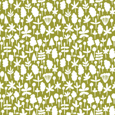 Tree and Leaf Shapes Pattern ( 051017) - Seamless Vector Pattern (4up) - White on Olive Greenのイラスト素材