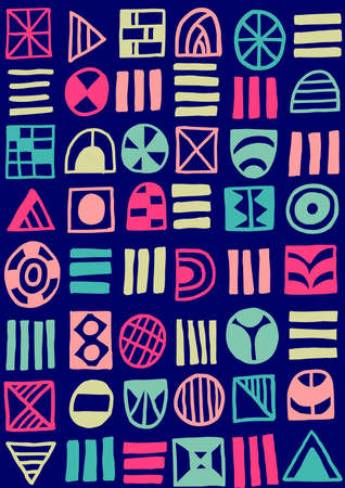 Hand Drawn Abstract Shapes Pattern  060617 - Seamless Pattern Vector - Colours 01 on Dark Blueのイラスト素材